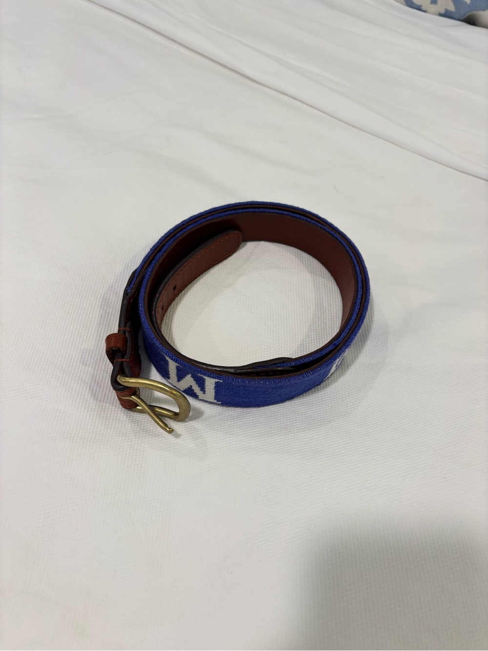 Blue needlepoint Belt with Brown Leather Trim and Brass Buckle